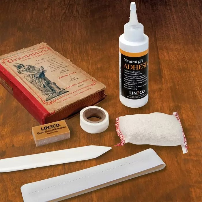 Book Repair Kit (Including: Book Repair Tape, Mending Tissue, Bone Folder, Document Cleaning Pad, Neutral pH Adhesive, Gum Eraser/Cleaner)